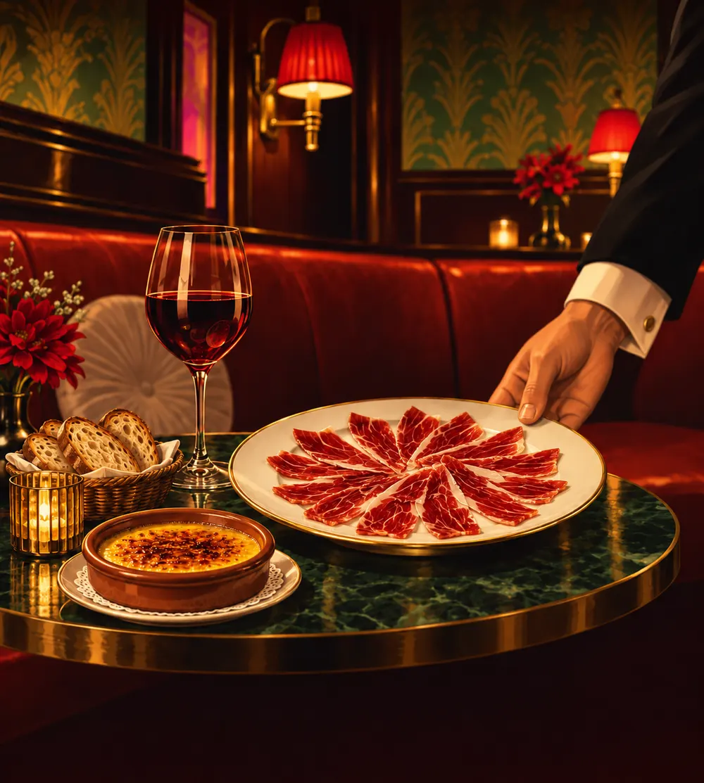 A plate of hand-carved Pata Negra ham served with red wine at Twent's