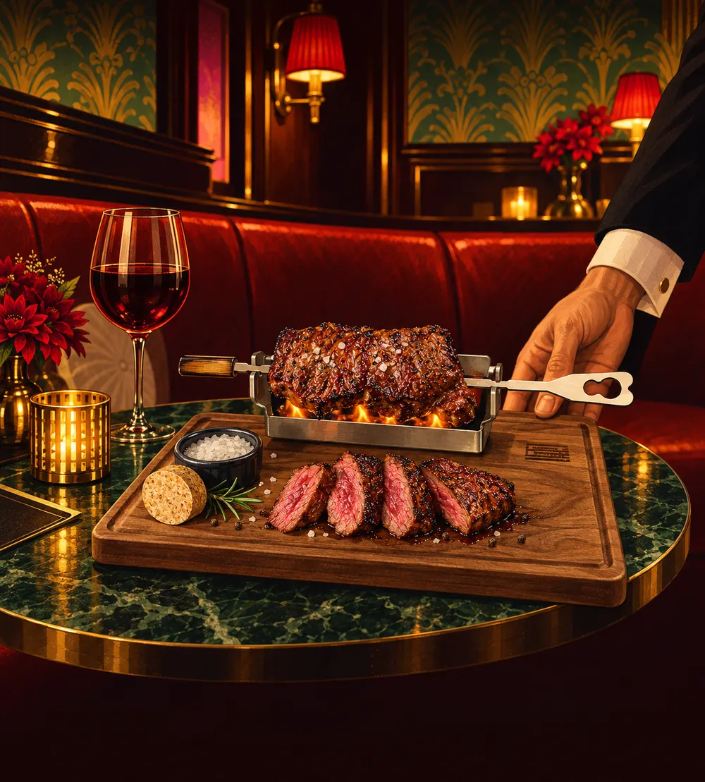 A waiter serving grilled steak on a wooden board with red wine at Twent's